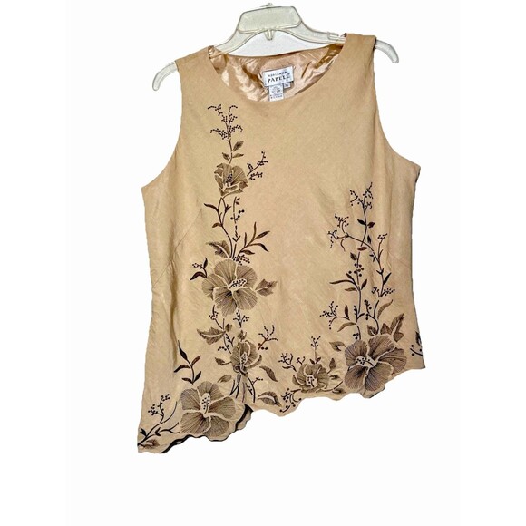 Y2K Adrianna Papell Silk Linen Floral Embroidered Tan Top Women’s Asymmetric 16 - Picture 1 of 5